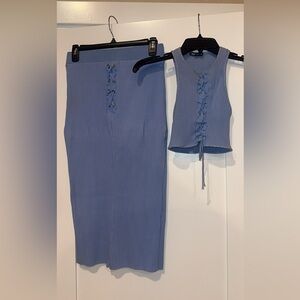 Zara Blue Lace-Up Ribbed Pencil Skirt matching set crop tank top dress outfit